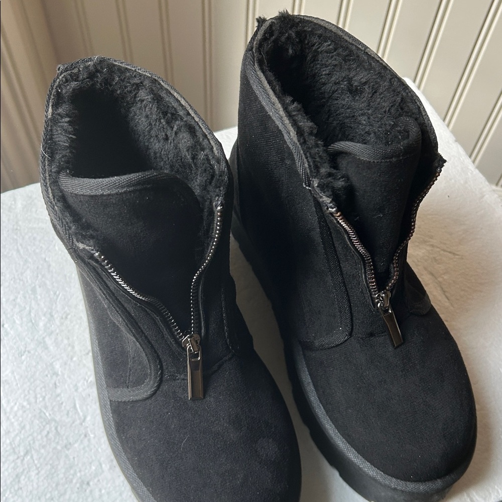 Rouge Helium Platform Black Suede Ankle Boots ZipUp front faux fur lined size 8 - Picture 13 of 17